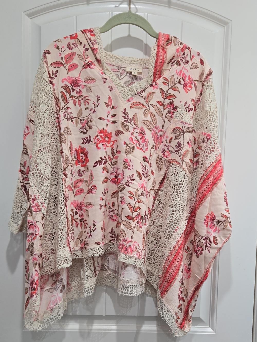 POL Pink Floral Crochet-Trim V-Neck Tunic Top
